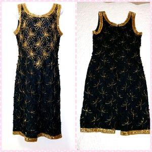 NIGHT DRESS SLEEVELESS ROUND NECK EMBELLISHED BEADED GOLD/BLACK LINED MEDIUM